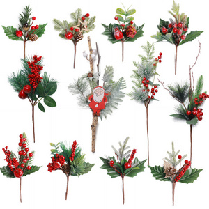 Hot Sale Red Evergreen Berries Artificial Pine Cones Branch For Christmas Craft Artificial Red Berry Stems