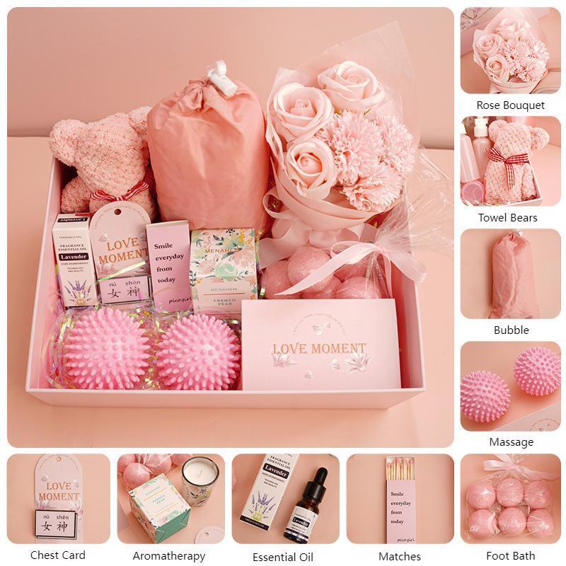 2024 Pink Towel Flower Gift Set For Woman Spa Basket Personalized Scented Candles New Year Gifts Mothers Day Gift Set