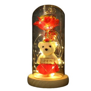 2024 Hot Selling LED Light Glass Dome Galaxy Rose Flowers With One Mini Bear For Christmas Valentine's Day Birthday Gift