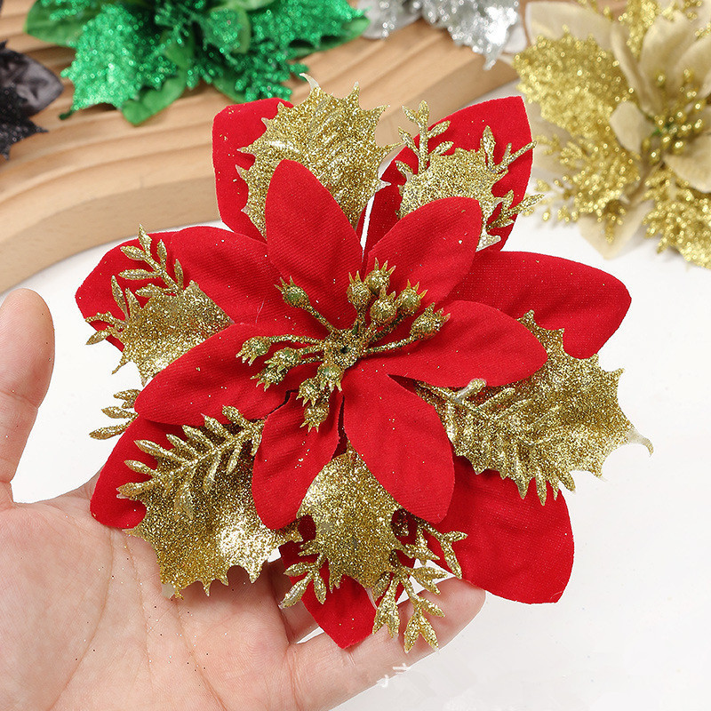 Classic Christmas Decorative Flowers Xmas Tree Ornaments Flowers For Home New Year Party Supplies Glitter Poinsettia Flower