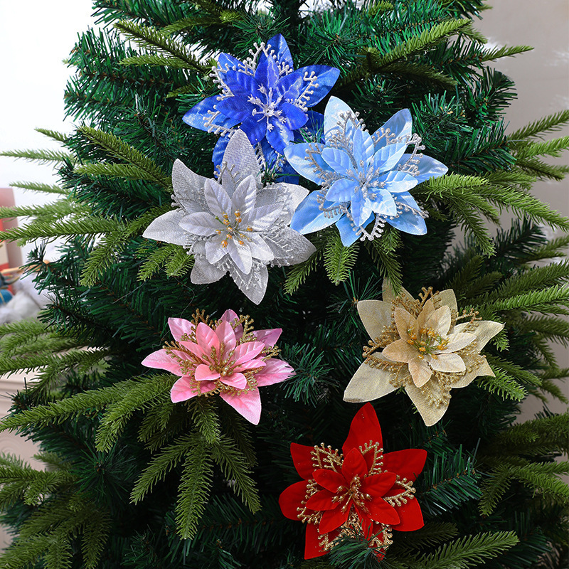 Classic Christmas Decorative Flowers Xmas Tree Ornaments Flowers For Home New Year Party Supplies Glitter Poinsettia Flower