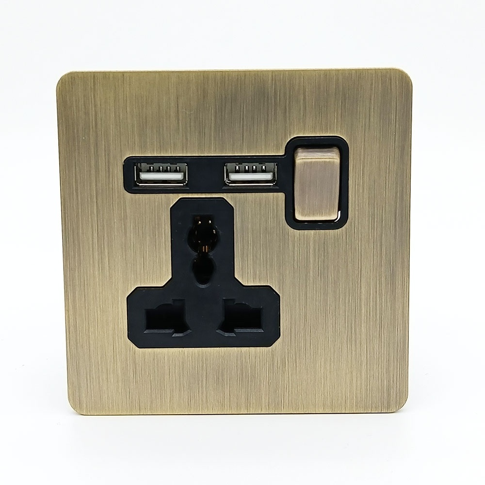 Retro Socket Brass Switch 3 PIN Wall Socket Double USB With Switched Stainless Steel Brushed Bronze Socket Coppery Switch