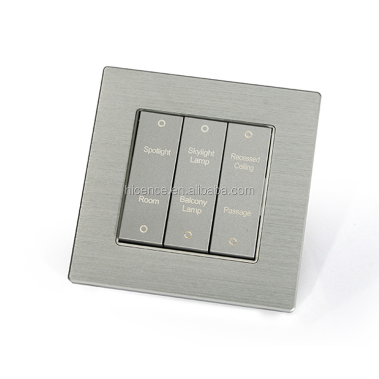 Luxury Sliver Aluminum Dry Contact 3 gang Soft Press Wall Switch with custom words and light Indicator