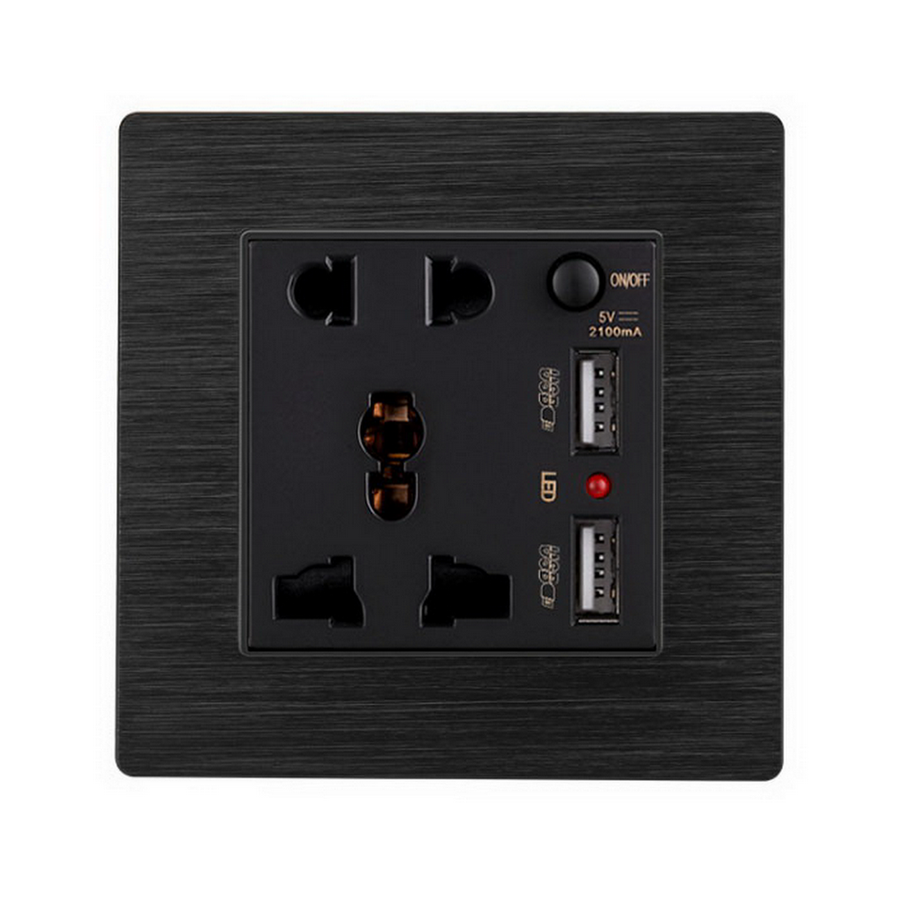 Brushed Aluminum Universal wall socket 5 pin Universal wall socket with on/off switch 5 pin multi wall socket