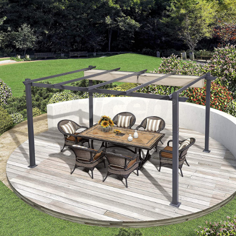 10' X 13' Outdoor Retractable Pergola with Sun Shade Canopy Patio Metal Shelter for Garden Porch