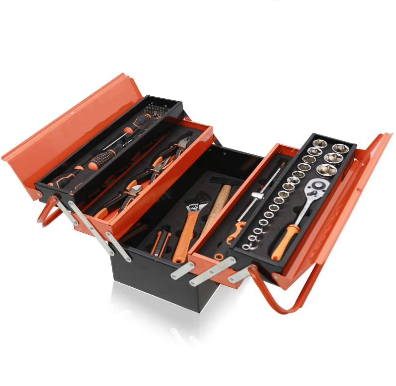 Hicen 74-Piece Mechanics Tool Set with 5 Compartments Metal Tool Box