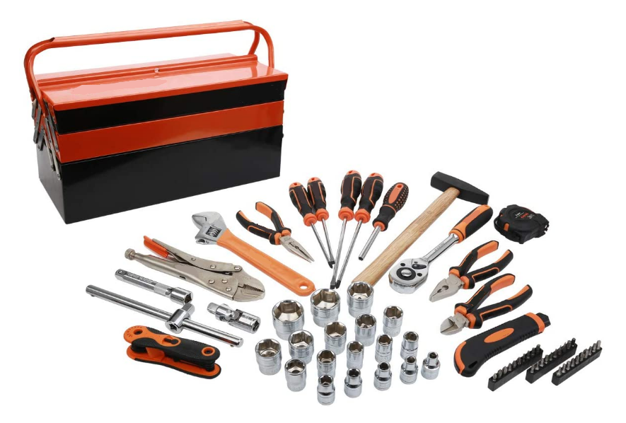 Hicen 74-Piece Mechanics Tool Set with 5 Compartments Metal Tool Box