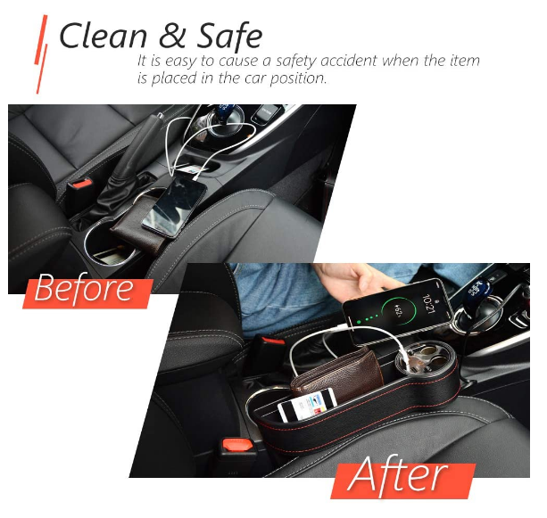 Car Seat Gap Filler Car Seat Organizer Full Premium PU Leather Multifunctional Car Organizer with 2 Lighters 2 USB Chargers