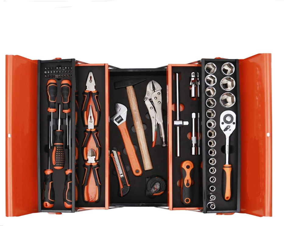 Hicen 74-Piece Mechanics Tool Set with 5 Compartments Metal Tool Box