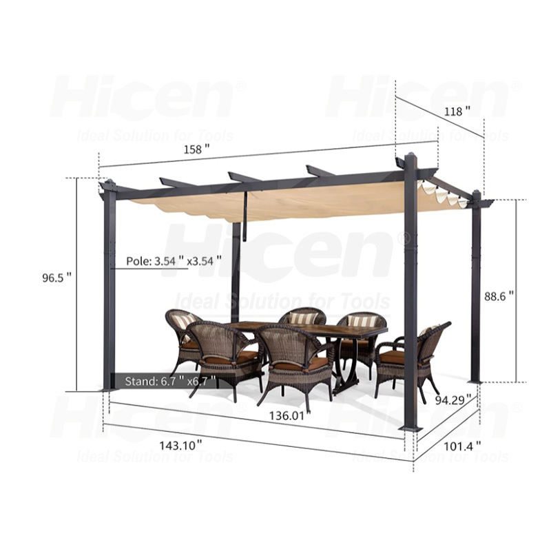 10' X 13' Outdoor Retractable Pergola with Sun Shade Canopy Patio Metal Shelter for Garden Porch