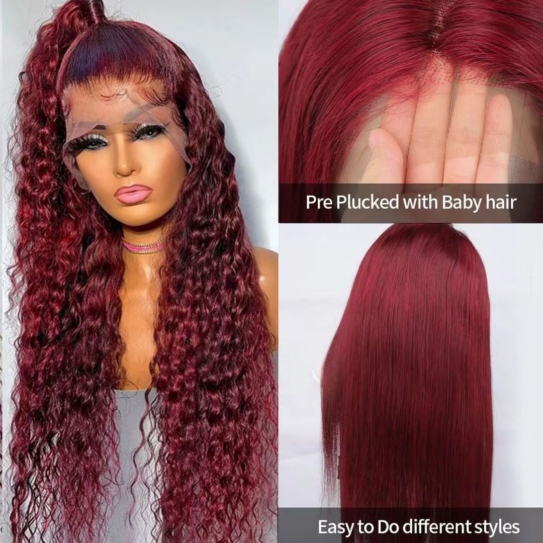 Transparent Full Lace Front Wig HD Lace Frontal Wig Water Wave Human Hair 30inch 99J Red 13x4 Deep Wave Curly Frontal Wig