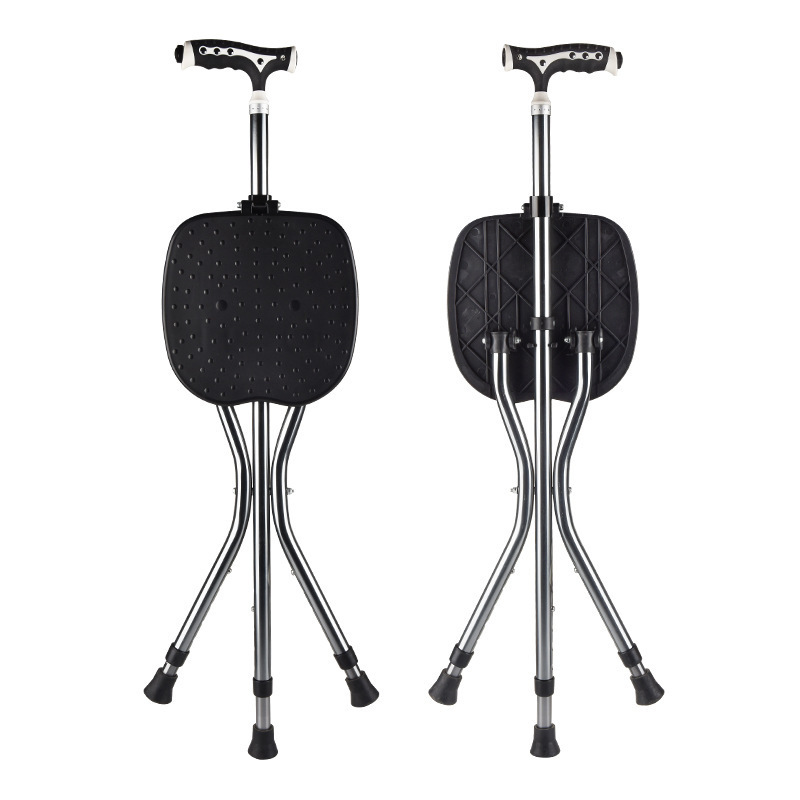 Portable Folding LED Light Aluminum Alloy Crutches Cane Chair With Seat 3 Legs