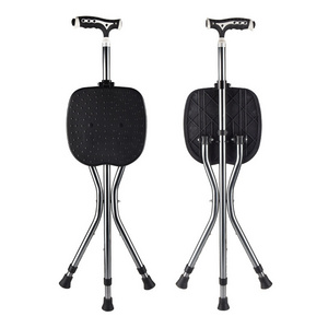 Portable Folding LED Light Aluminum Alloy Crutches Cane Chair With Seat 3 Legs