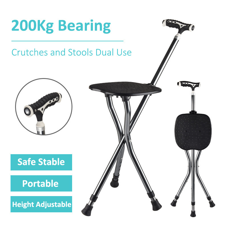 Portable Folding LED Light Aluminum Alloy Crutches Cane Chair With Seat 3 Legs