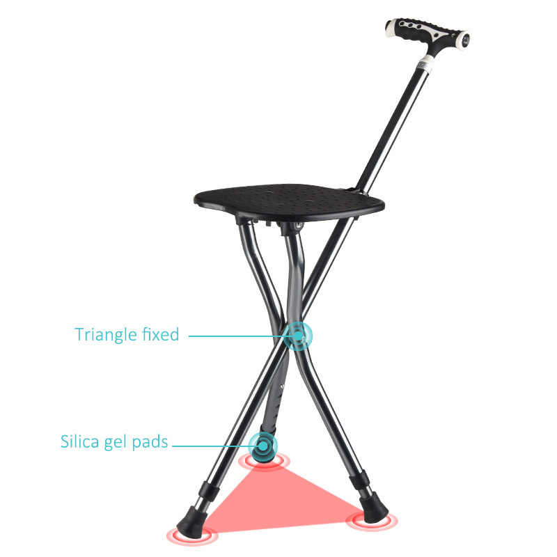 Portable Folding LED Light Aluminum Alloy Crutches Cane Chair With Seat 3 Legs