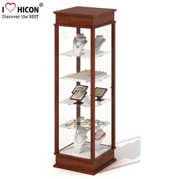 Jewelry Store Equipment Custom Lockable 4-Way Rotating Wood Acrylic Jewelry Display Floor Stands