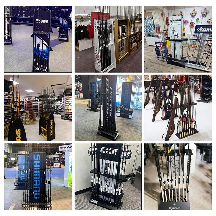 Retail Rotating Showing Fishing Rod Reel Storage Tube Metal Aluminum Wood Steel Pole Stand Holder Fishing Rod Display Rack