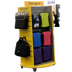 Knock Down Slatwall Wood Retail Showroom Display Furniture Movable Metal Hook Backpack Bag Display Stand