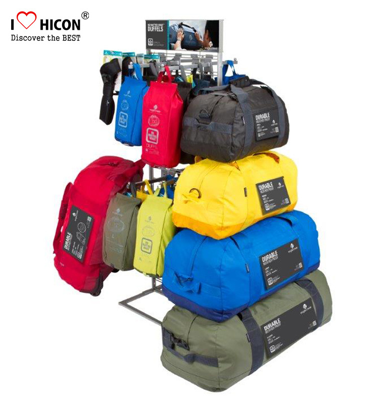 Knock Down Slatwall Wood Retail Showroom Display Furniture Movable Metal Hook Backpack Bag Display Stand