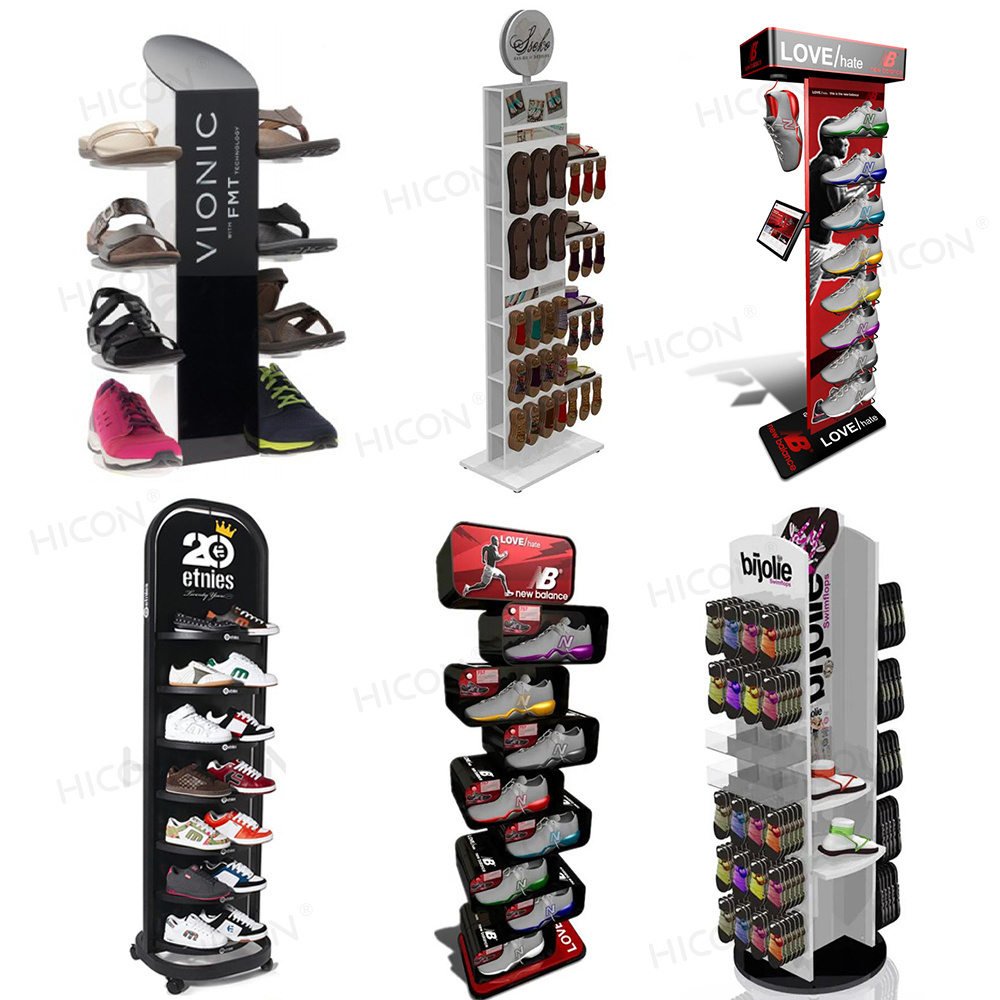 Shoe Store Adjustable Wood Slatwall Fixture Sandal Flip Flop Slippers Sneaker Shoe Box Display Rack Stand With Wheels