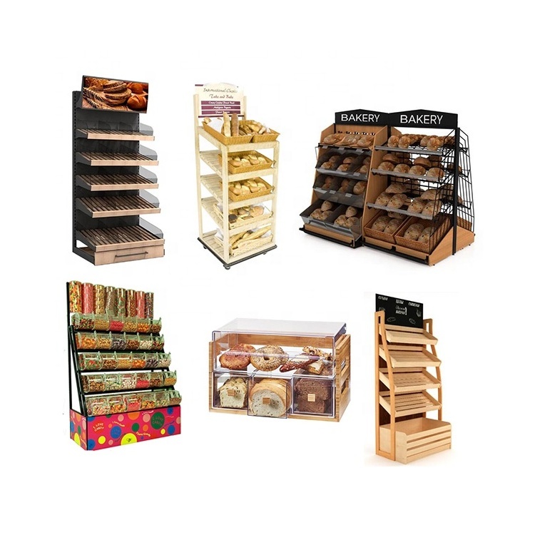 Wholesale Cardboard Acrylic Display Food Case Metal Floor Wood Color Candy Display Rack Countertop Bread Display Cabinet