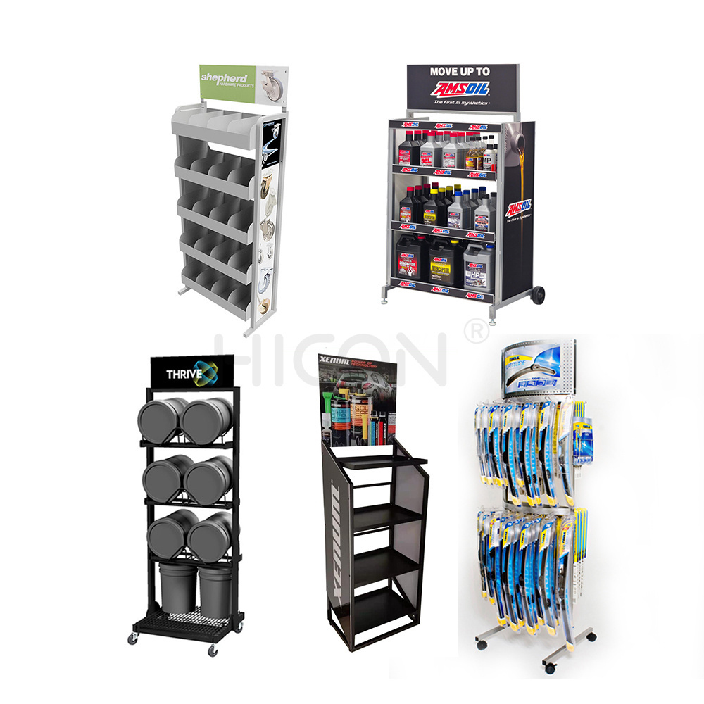 Advertising Retail Store Free Standing Wooden Wiper Blade Pinion Gears Oil Auto Storage Holder Shelves Display Stands