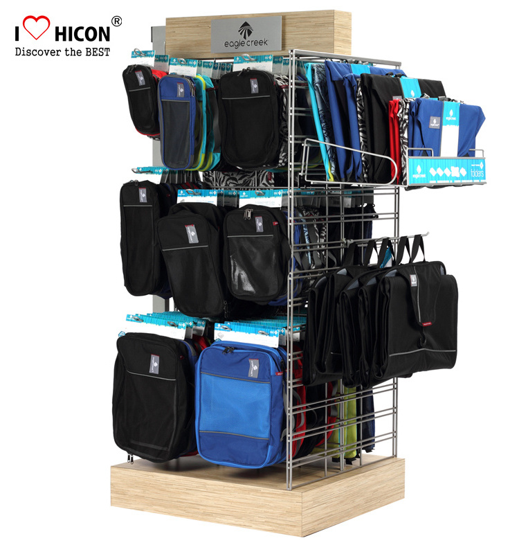 Knock Down Slatwall Wood Retail Showroom Display Furniture Movable Metal Hook Backpack Bag Display Stand