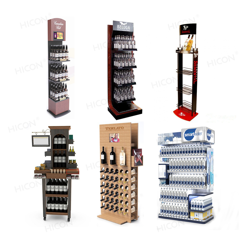 Retail Supermarket Floor Energy Drinks Alcohol Wine Glass Bottles Storage Holder Cabinet Wood Shelves Wine Display Rack