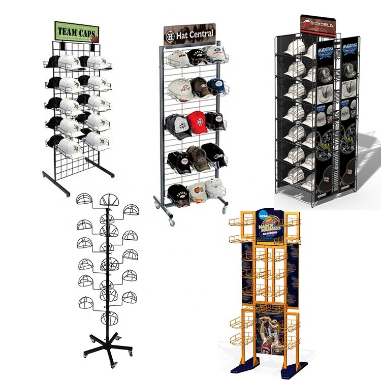 Branded Freestanding Grid Wall Pico Hat Display Riser Shelves Rack Head Dome Canvas Bowling Cap Hat Display Rack Stand