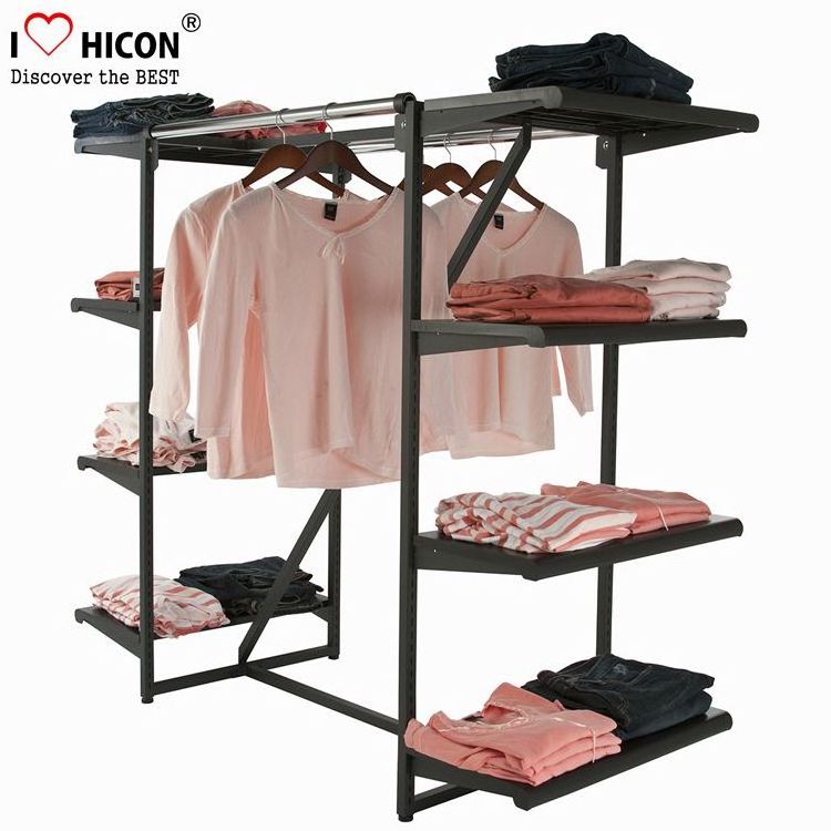 Floorstand Stainless Steel Frame Glass Shelving Fashion Boutique Shop Clothes Shop Fittings For Sale