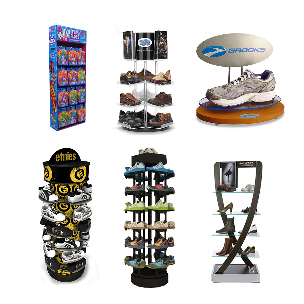 Shoe Store Adjustable Wood Slatwall Fixture Sandal Flip Flop Slippers Sneaker Shoe Box Display Rack Stand With Wheels