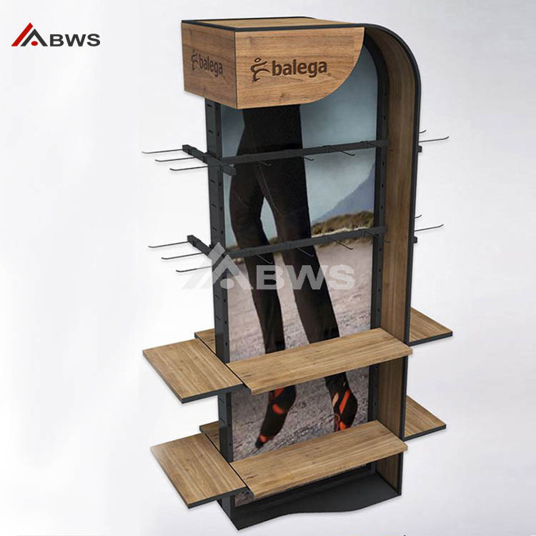 Hot Sale Floor Footwear Display Stand For Stockings Wooden Stockings Metal Hook Display Rack