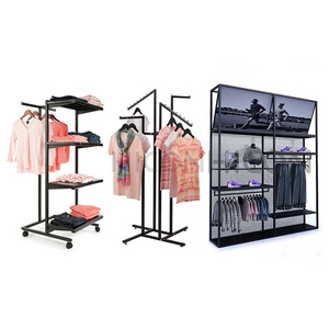 Customized Clothing Boutique Display Furniture Metal Clothing Store Display Shelf Black Wood Standing Clothes Rack With Mirror