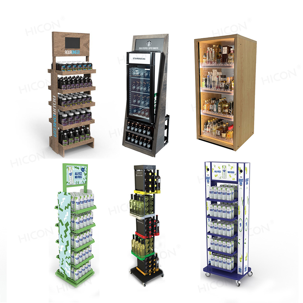 Retail Supermarket Floor Energy Drinks Alcohol Wine Glass Bottles Storage Holder Cabinet Wood Shelves Wine Display Rack