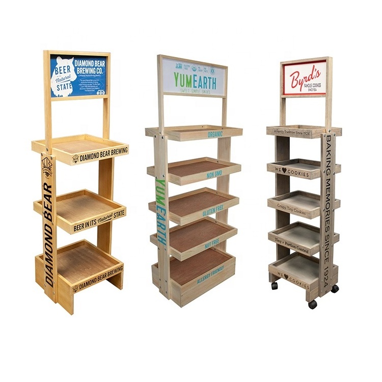 Pop Customized Pine Wood Display Stand Floor Wooden Shop Display Rack Store Wood Retail Display for Brand Marketing