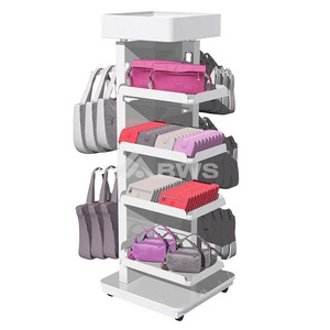 Movable 4-Tier Clothing Apparel Display Cabinet Custom Luxury Bag Handbags Display Rack Shelf With Hooks