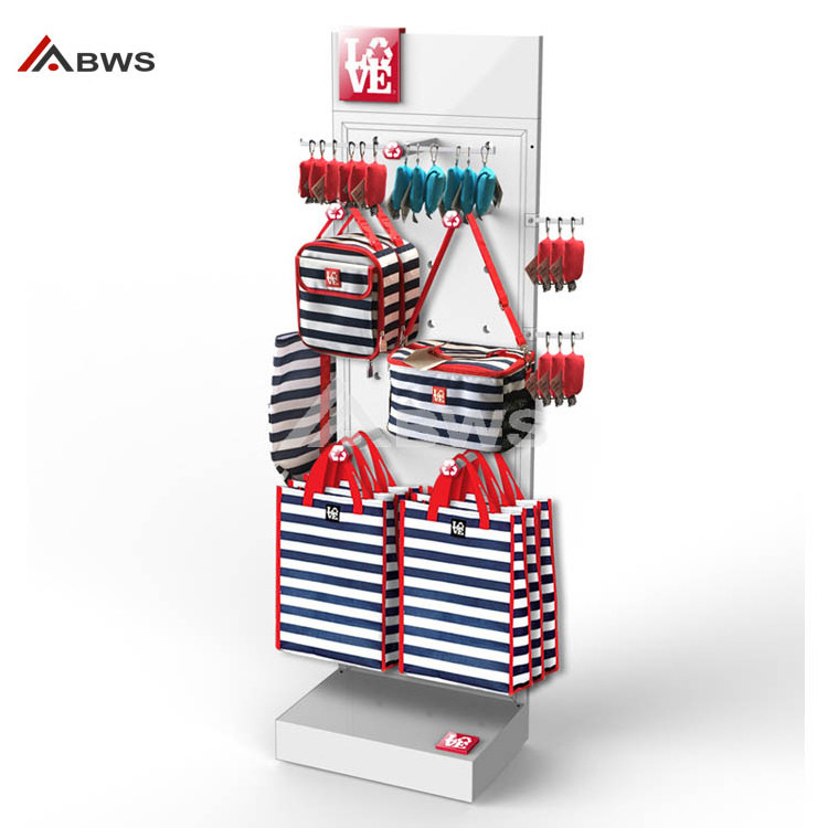 Customized Supermarket Display 4-Tier Metal Wire Gift Bag Handbag Stands Shelf With Hooks