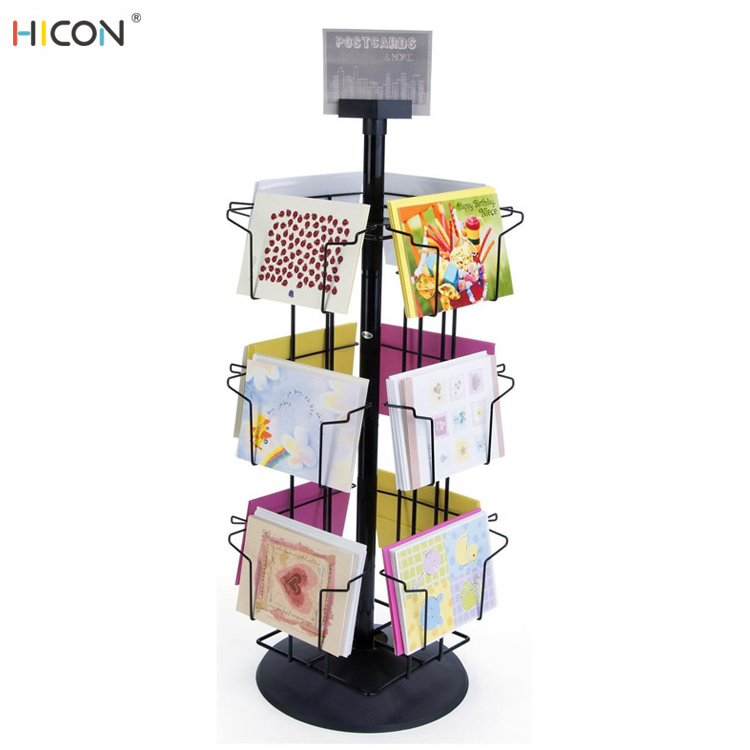 3-Tier 12 Pockets Metal Postcard Display Stand Marketing Rotating Display Stands For Greeting Card