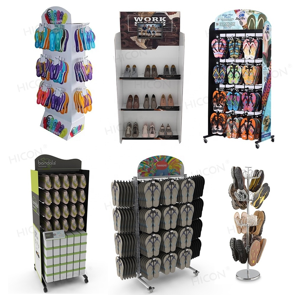 Custom Retail Rotating Metal Glass Acrylic Cardboard Hanging Sandal Flip Flop Slippers Sneaker Shoe Box Display Rack Stand