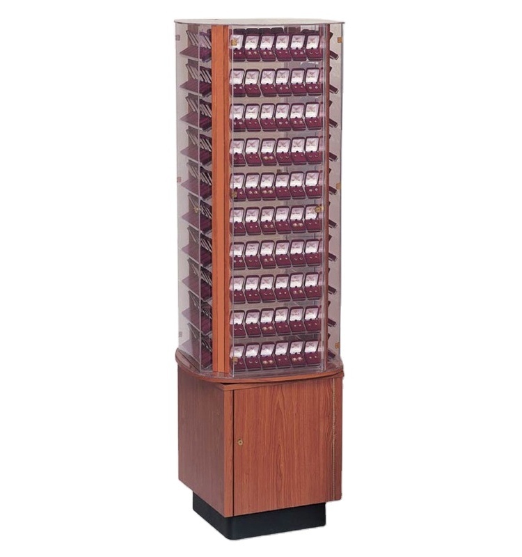 Jewelry Store Equipment Custom Lockable 4-Way Rotating Wood Acrylic Jewelry Display Floor Stands