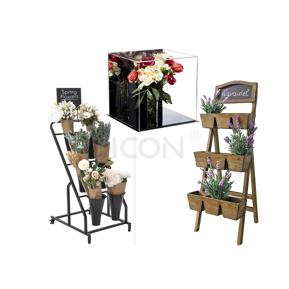 Wholesale Store Top Selling Flower Shop Round Multi Layer Tier Preserved Flower Trolley Display Rack