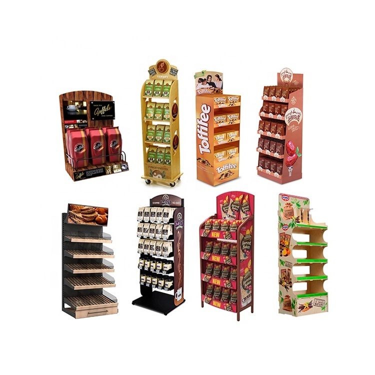 Floor Standing Snack Food Cardboard Display Stand Metal Wood Bread Display Showcase Countertop White Acrylic Buffet Food Display