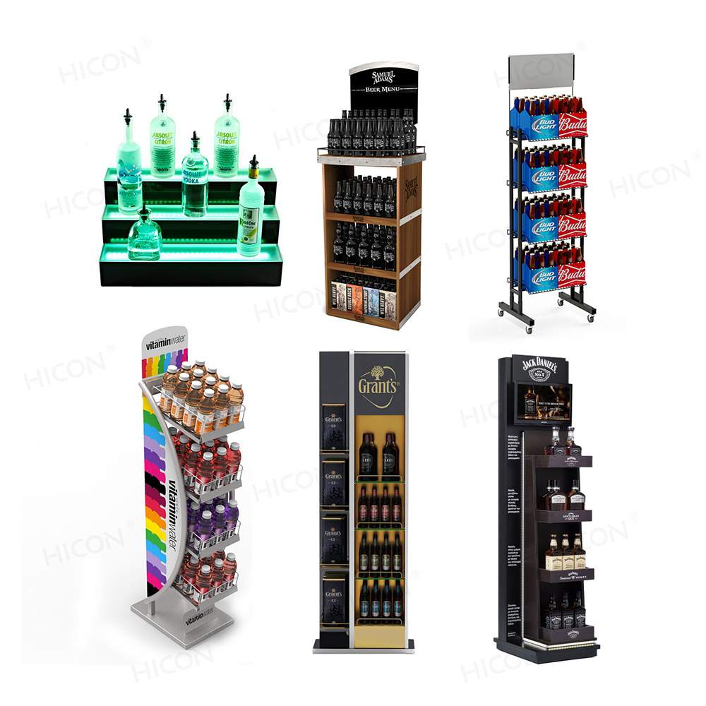 Pop Pos Wooden Cardboard Metal Led Acrylic Water Cola Beer Beverage Drink Liquor Bottle Bar Shelf Stand Wine Display Rack