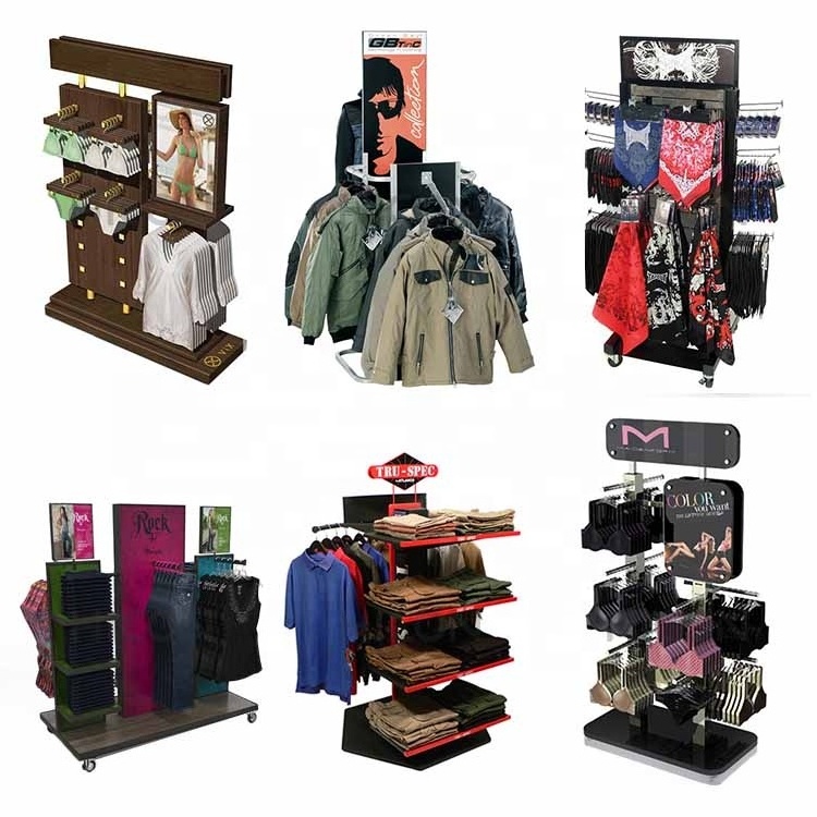 Quality Metal Free Standing Display Clothes Dog Clothes Display Stand Wood Cardboard Clothes Display Rack For Shop