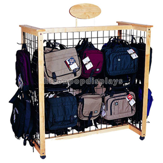 New 4-Way Gridwall Movable Floor School Bag Or Handbag Display Stand, Adjustable Wood Golf Bag Stand