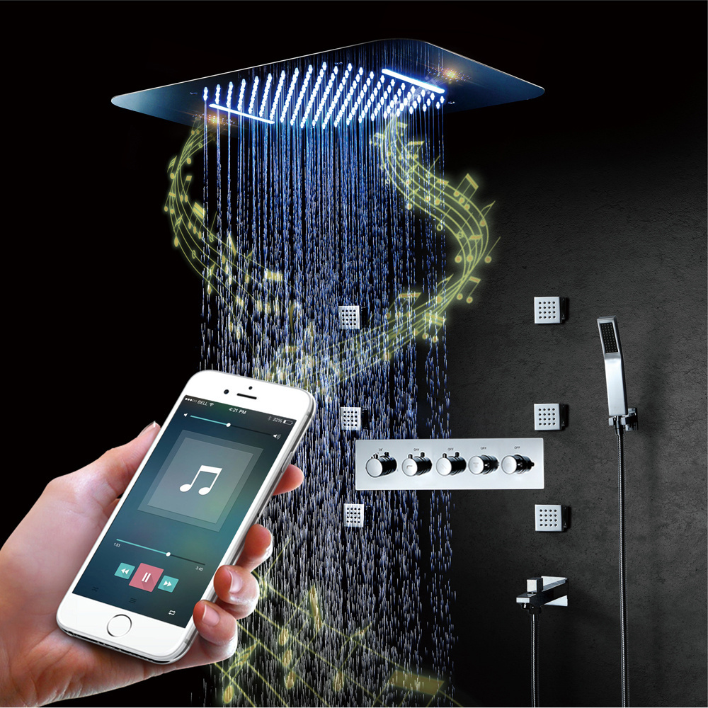 Bathroom Rainfall Waterfall LED thermostatic Shower Faucet with Shower Body Jet and music function shower head