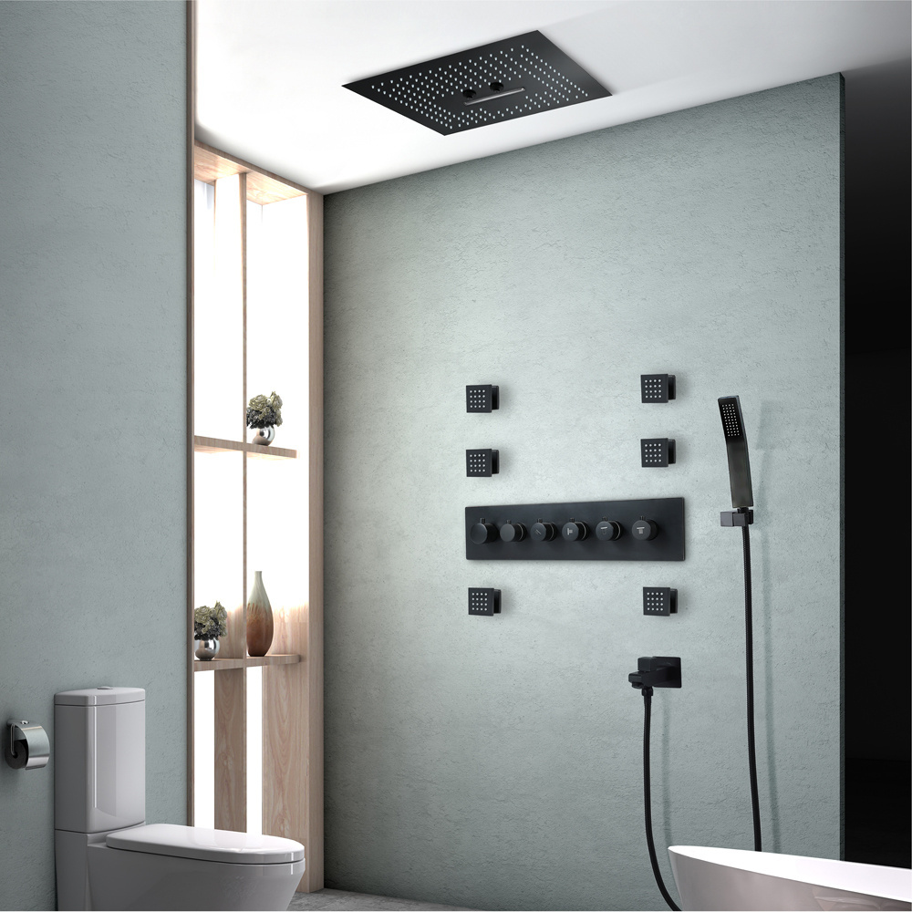 Embedded LED Brass Ceiling Bathroom Waterfall Rainfall Misty Shower Thermostatic Shower Faucet Set