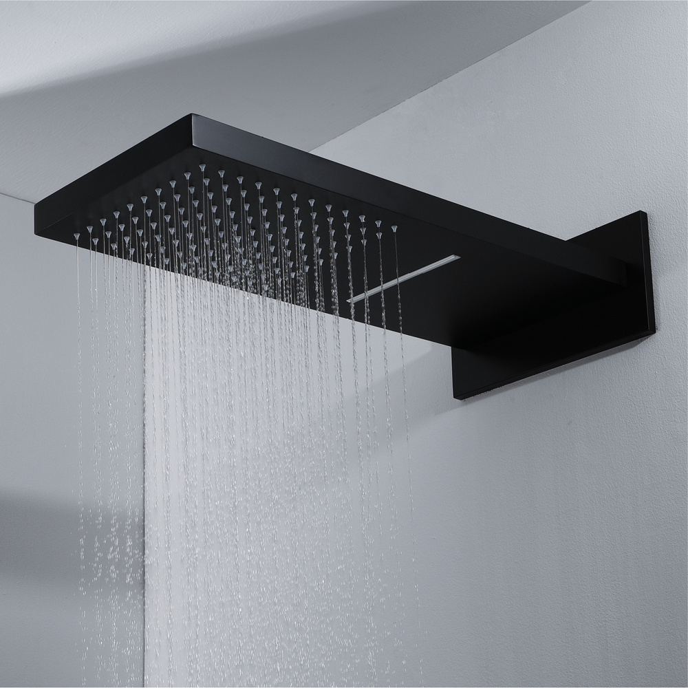 wall mounted rain and waterfall bathroom thermostatic shower faucet in black color