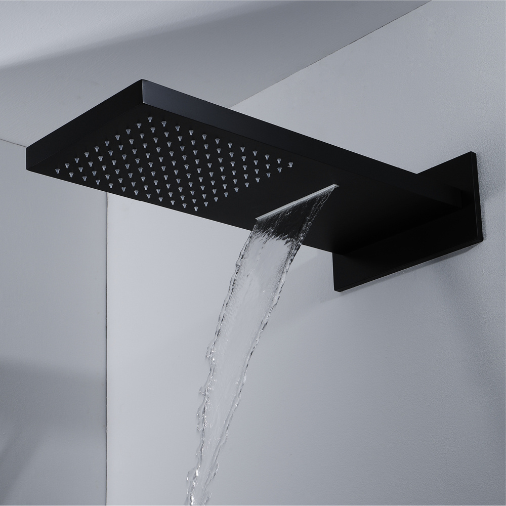 wall mounted rain and waterfall bathroom thermostatic shower faucet in black color