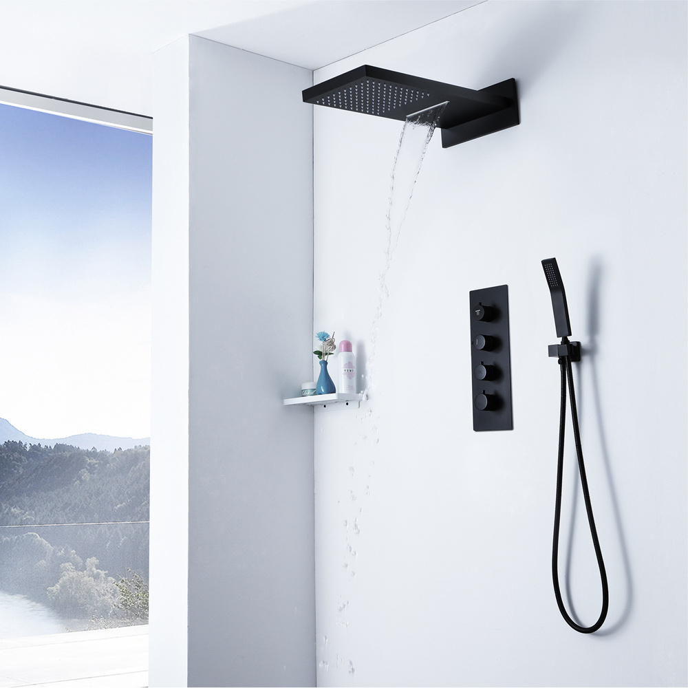 wall mounted rain and waterfall bathroom thermostatic shower faucet in black color